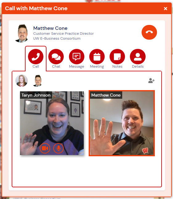 taryn and matt wave at each other through the peer connect feature