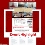 Graphic promoting a “Strategy Event” highlight featuring a collage of virtual meeting screenshots with multiple participants, overlaid with a piece of tape-style design. Below the video call images are presentation slides, including “The Five Domains” and a section titled “Why this topic? Why now?” about skills-based talent strategies. The design has a bold red background with white blocks and abstract line patterns, and large text at the bottom reading “Event Highlight.”