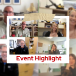 Screenshot-style graphic of a virtual panel of marketing professionals discussing the topic of AI
