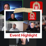 Screenshot-style graphic of a virtual panel discussion with four speakers in a video call grid and a UWEBC logo tile. The image is framed like a taped photo, with the heading “Event Highlight” in large red text at the bottom.