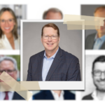 A central professional headshot of a smiling person in glasses, a light blue shirt, and a dark checkered blazer is framed with white borders and beige tape, surrounded by blurred portraits of other individuals in a collage-style layout.